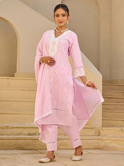 Indo Era - Women Pink V-Neck Embroidered Kurta with Pant and Dupatta