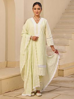 Indo Era - Women Yellow V-Neck Embroidered Kurta with Pant and Dupatta