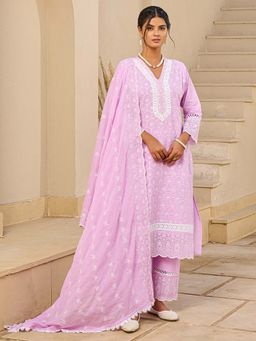 Indo Era - Women Pink V-Neck Embroidered Kurta with Pant and Dupatta