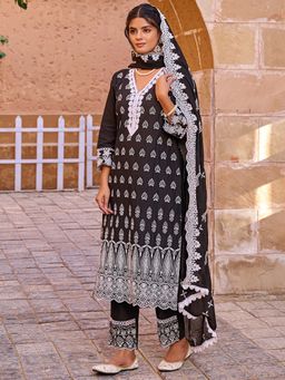 Indo Era - Women Black V-Neck Embroidered Kurta with Pant and Dupatta