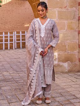 Indo Era - Women Grey V-Neck Embroidered Kurta with Pant and Dupatta