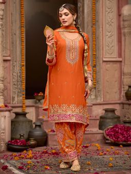 Indo Era - Women Orange Round Neck Embroidered Kurta with Pant and Dupatta