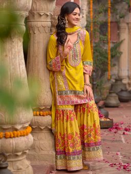 Indo Era - Women Yellow Round Neck Embroidered Kurta with Sharara and Dupatta