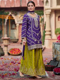 Indo Era - Women Purple Round Neck Embroidered Kurta with Palazzo and Dupatta