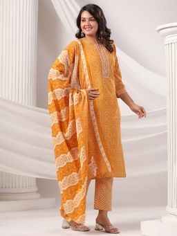 Indo Era - Women Mustard Round Neck Printed Kurta with Pant and Dupatta