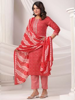 Indo Era - Women Maroon Round Neck Printed Kurta with Pant and Dupatta