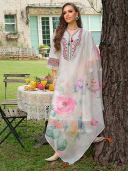 Indo Era - Women White V-Neck Embroidered Kurta with Pant and Dupatta