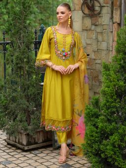 Indo Era - Women Yellow Round Neck Embroidered Kurta with Pant and Dupatta