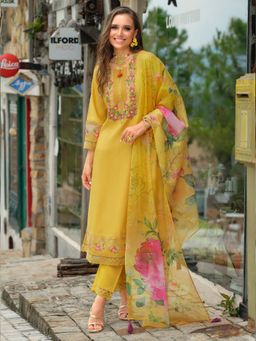 Indo Era - Women Yellow Round Neck Embroidered Kurta with Pant and Dupatta