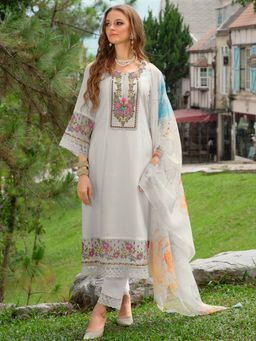Indo Era - Women White Round Neck Embroidered Kurta with Pant and Dupatta