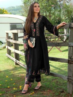 Indo Era - Women Black V-Neck Embroidered Kurta with Pant and Dupatta