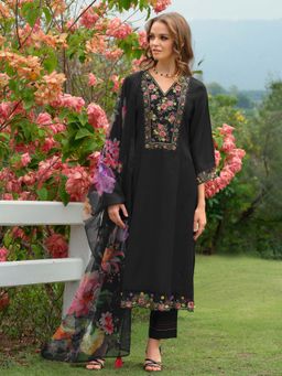 Indo Era - Women Black V-Neck Embroidered Kurta with Pant and Dupatta