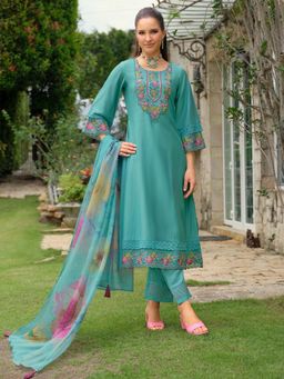 Indo Era - Women Blue Round Neck Embroidered Kurta with Pant and Dupatta