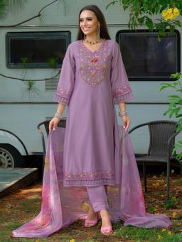 Indo Era - Women Purple V-Neck Embroidered Kurta with Pant and Dupatta