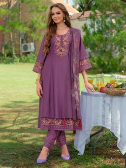 Indo Era - Women Purple Round Neck Embroidered Kurta with Pant and Dupatta