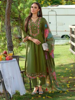 Indo Era - Women Green V-Neck Embroidered Kurta with Pant and Dupatta
