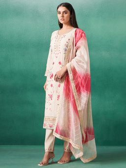 Indo Era - Women Cream V-Neck Embroidered Kurta with Pant and Dupatta