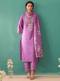 Indo Era - Women Purple Keyhole Neck Embroidered Kurta with Pant and Dupatta