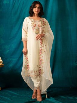 Indo Era - Women Off White Round Neck Embroidered Kurta with Pant and Dupatta