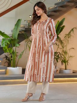 Indo Era - Women Brown Round Neck Printed Kurta with Pant