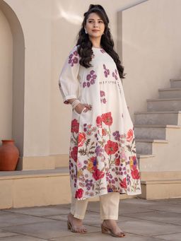 Indo Era - Women Cream Round Neck Printed Kurta with Pant