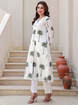 Indo Era - Women White V-Neck Printed Kurta with Pant