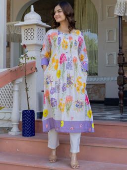 Indo Era - Women Multi-color Round Neck Printed Kurta with Pant