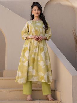Indo Era - Women Green Round Neck Printed Kurta with Pant