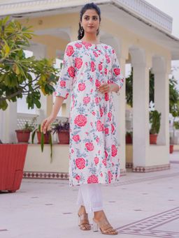 Indo Era - Women White Mandarin Neck Printed Kurta with Pant