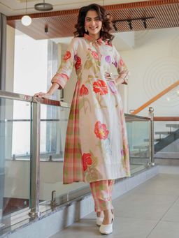 Indo Era - Women Beige Collar Neck Printed Kurta with Pant