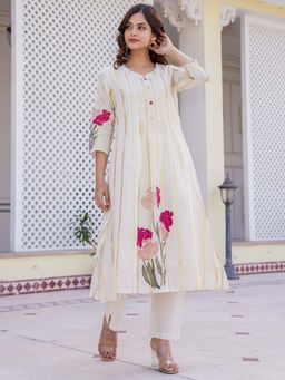 Indo Era - Women White Mandarin Neck Printed Kurta with Pant