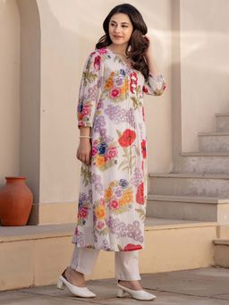 Indo Era - Women White V-Neck Printed Kurta with Pant