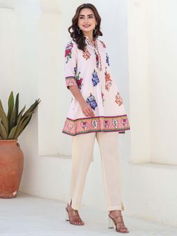 Indo Era - Women Peach Mandarin Neck Printed Kurta with Pant