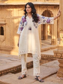 Indo Era - Women Cream V-Neck Printed Kurta with Pant