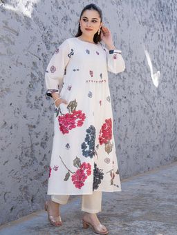 Indo Era - Women Cream Round Neck Printed Kurta with Pant