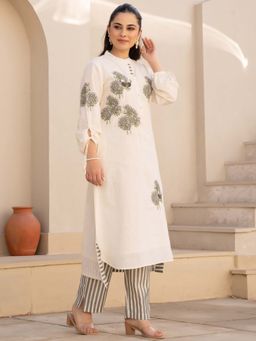 Indo Era - Women Cream Mandarin Neck Embroidered Kurta with Pant