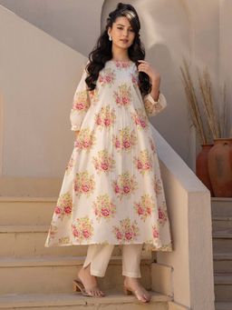Indo Era - Women Cream Round Neck Printed Kurta with Pant