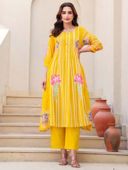Indo Era - Women Mustard Round Neck Printed Kurta with Pant