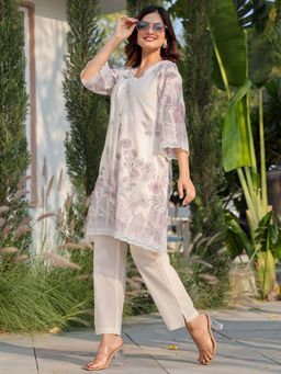 Indo Era - Women White V-Neck Printed Kurta with Pant