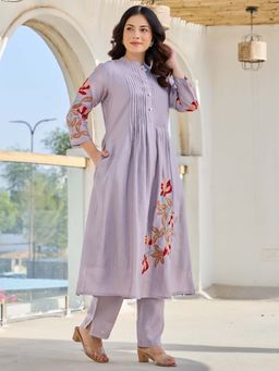 Indo Era - Women Lavender Mandarin Neck Embroidered Kurta with Pant