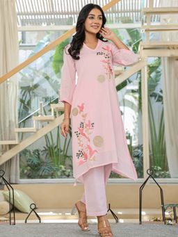 Indo Era - Women Pink Collar Neck Embroidered Kurta with Pant