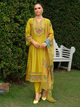 Indo Era - Women Yellow V-Neck Embroidered Kurta with Pant and Dupatta