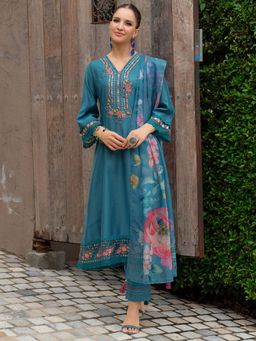Indo Era - Women Blue V-Neck Embroidered Kurta with Pant and Dupatta