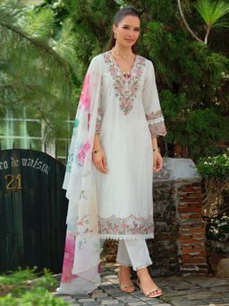 Indo Era - Women White V-Neck Embroidered Kurta with Pant and Dupatta