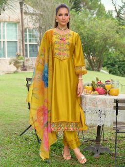 Indo Era - Women Yellow V-Neck Embroidered Kurta with Pant and Dupatta