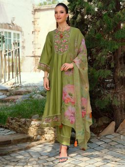 Indo Era - Women Green Round Neck Embroidered Kurta with Pant and Dupatta