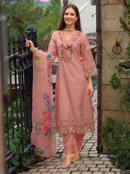 Indo Era - Women Peach V-Neck Embroidered Kurta with Pant and Dupatta