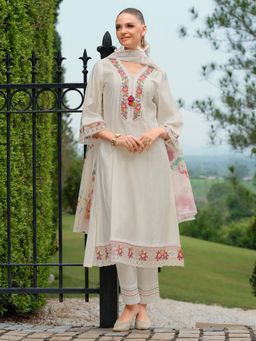 Indo Era - Women White V-Neck Embroidered Kurta with Pant and Dupatta