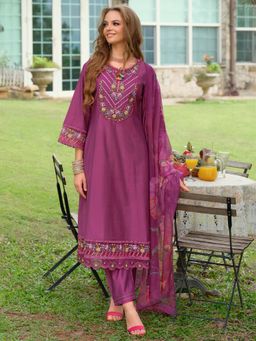 Indo Era - Women Purple Round Neck Embroidered Kurta with Pant and Dupatta
