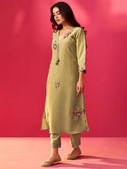 Indo Era - Women Olive V-Neck Embroidered Kurta with Pant